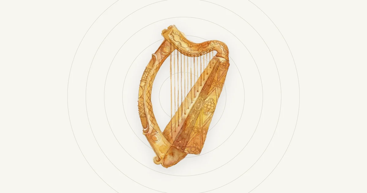 Watercolour Irish harp motif, the emblem used for the Ireland quick read