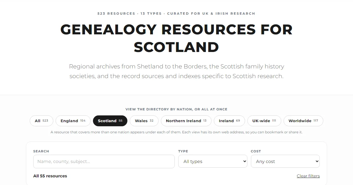 The Scotland view of the Genealogy Resources Directory, showing the nation tabs and the search, type and cost filters