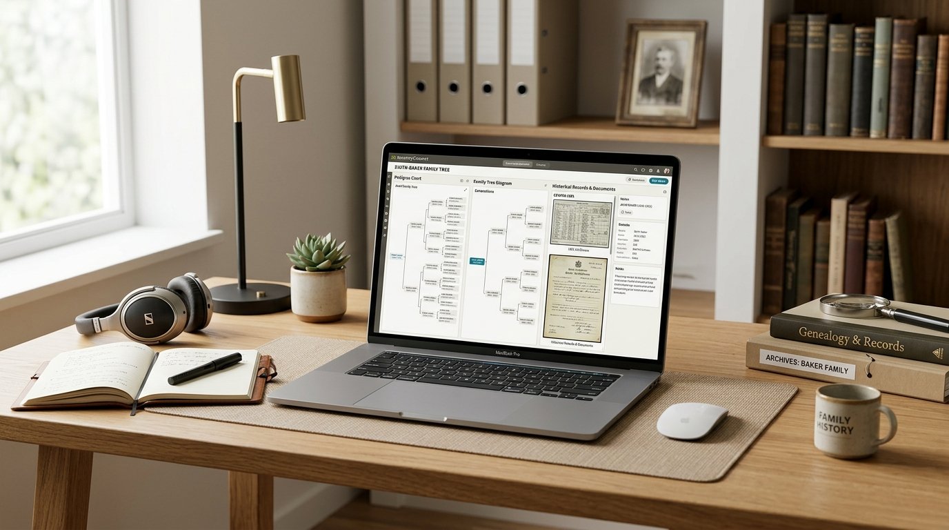Genealogy and family tree software comparison interface showing pedigrees, charts, and historical records on a modern workstation