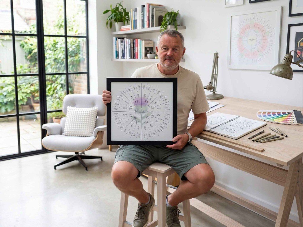 Mark Millican in his studio workshop holding bespoke fine art circular ancestral tree design