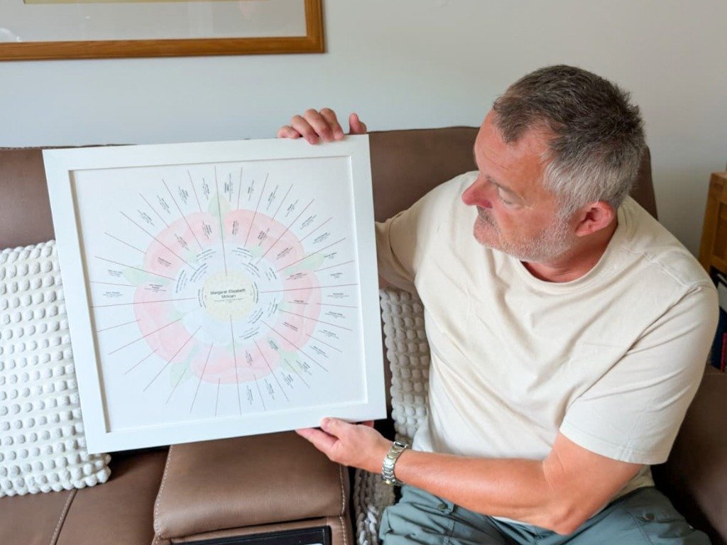 Mark Millican holding a 16x16 inch white framed circular family tree with a Tudor Rose motif