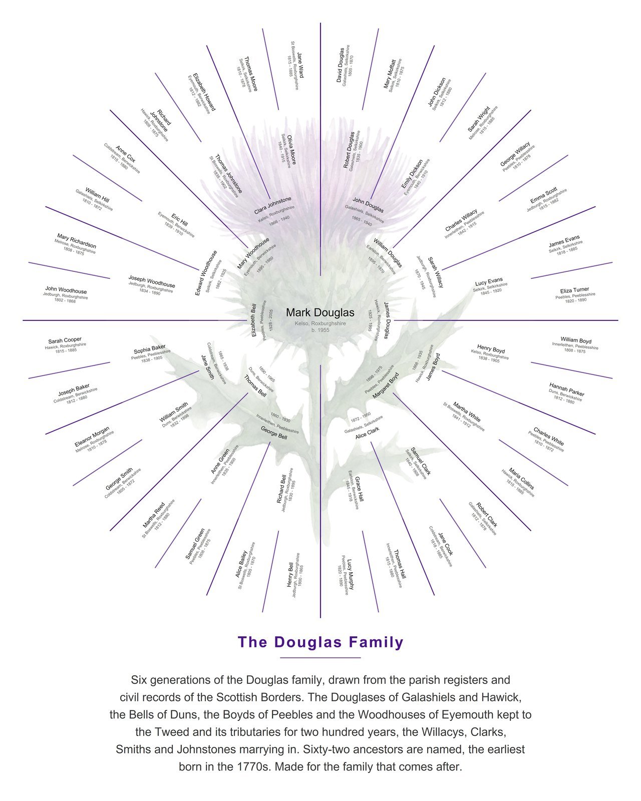 Sample 16 x 20 inch circular family tree chart with a thistle motif: six generations of a fictional Scottish Borders family around Mark Douglas, and beneath the chart the heading The Douglas Family above a paragraph about where the family came from