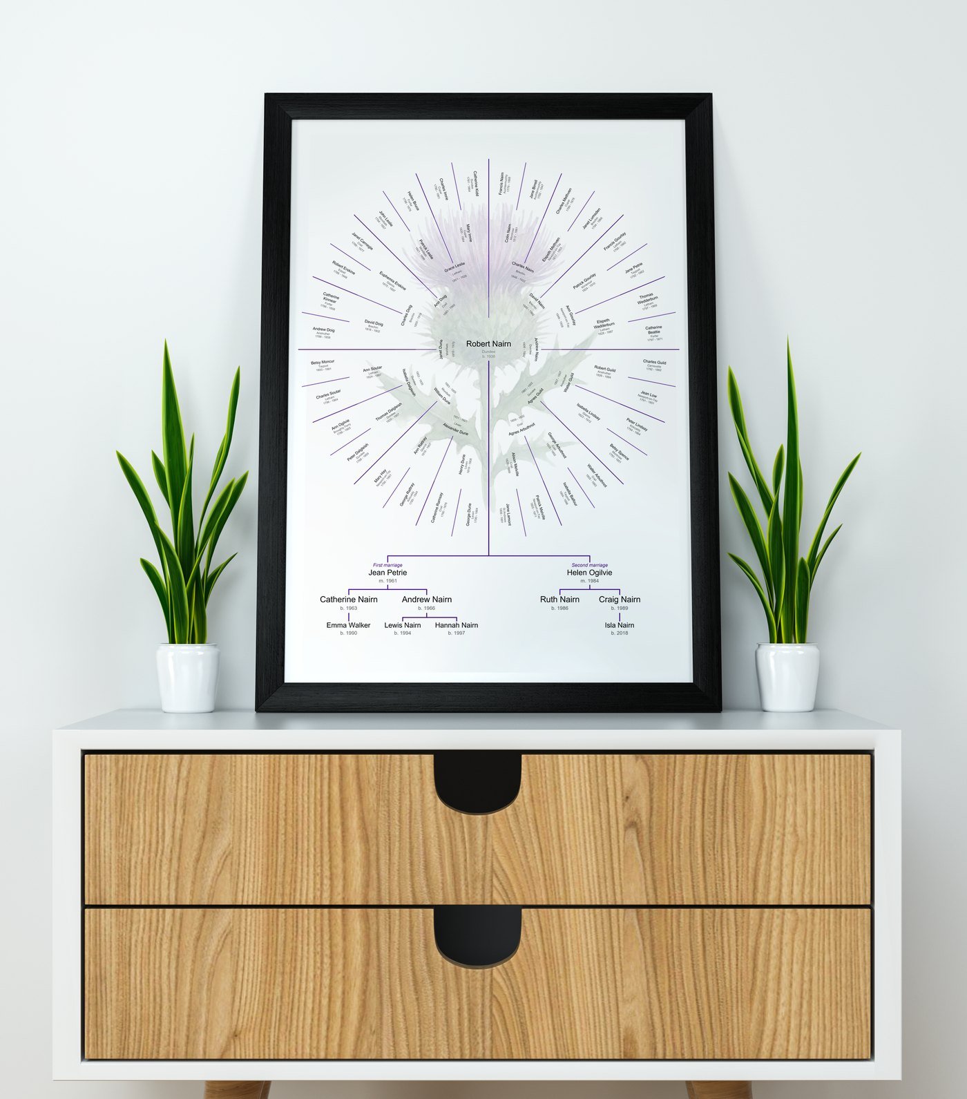 The two-marriages sample chart in a matte black wooden frame, 16 x 20 inches, standing on a white cabinet with oak drawers between two potted plants