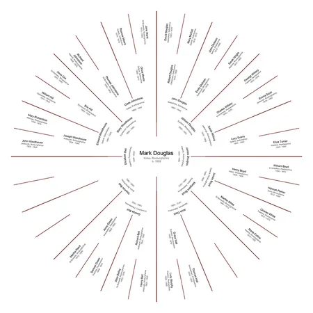 Circular ancestral chart with incomplete lines shown as clean gaps, rose colour theme
