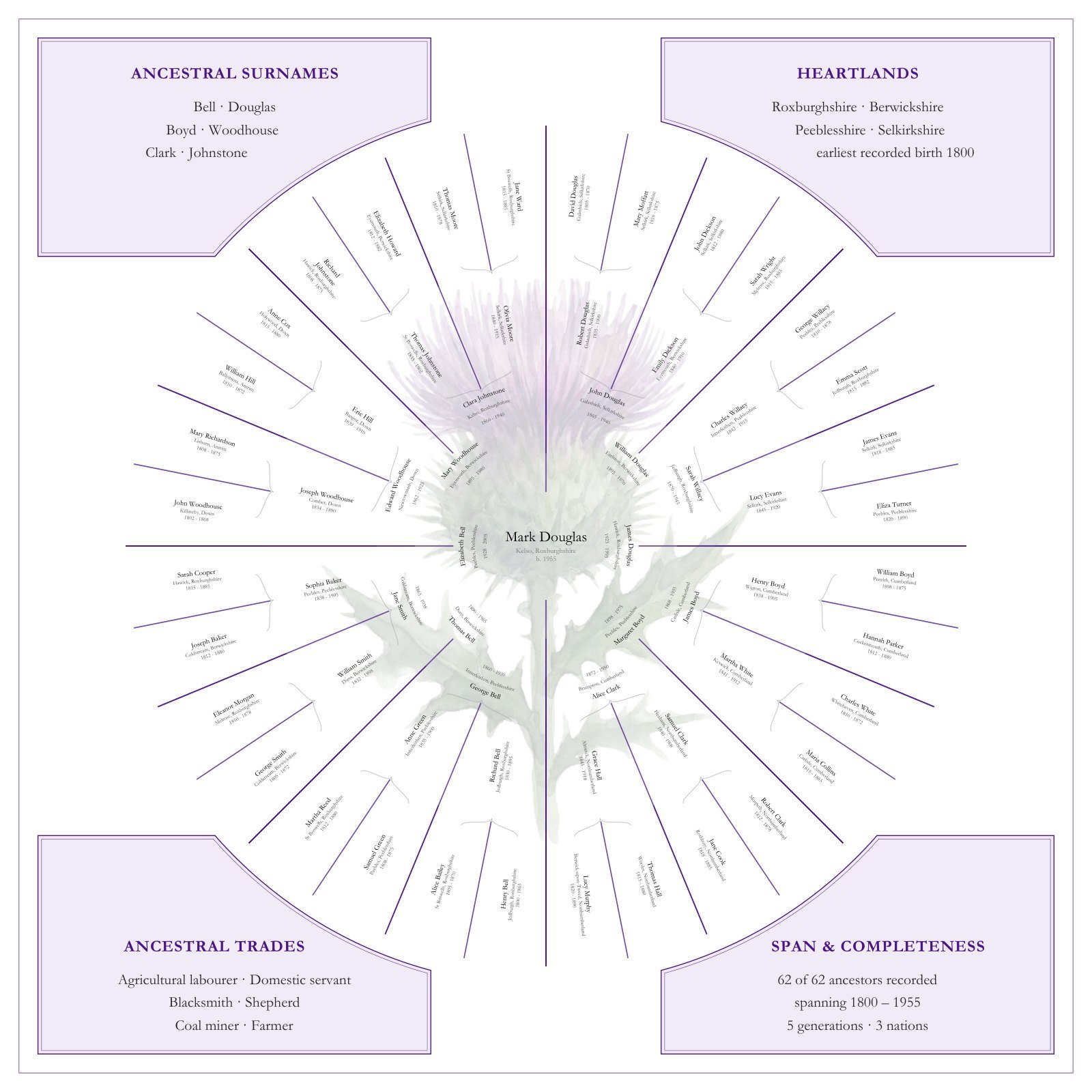 Cartouche circular family tree chart: six generations of the fictional Douglas family with corner panels listing the surnames Bell, Douglas, Boyd, Woodhouse, Clark and Johnstone, the heartlands Roxburghshire, Berwickshire, Peeblesshire and Selkirkshire, trades including agricultural labourer, blacksmith, shepherd and coal miner, and 62 of 62 ancestors recorded spanning 1800 to 1955